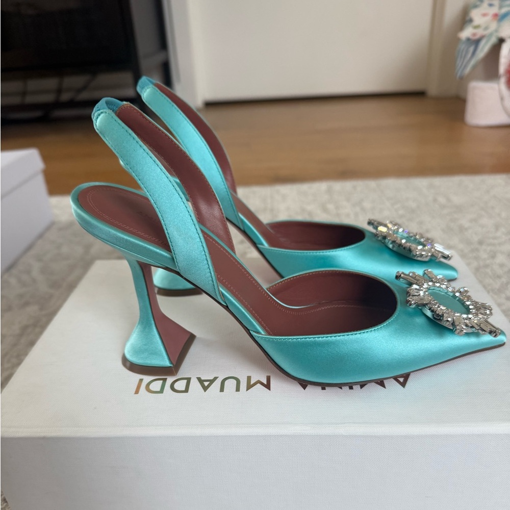 Amina Muaddi Begum Sling Heels — Satin Turquoise